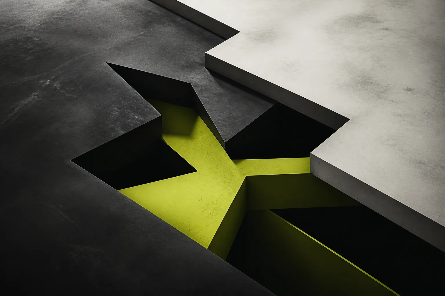 Abstract shapes suggesting branching decisions and hidden layers, in charcoal, off-white and acid lime.