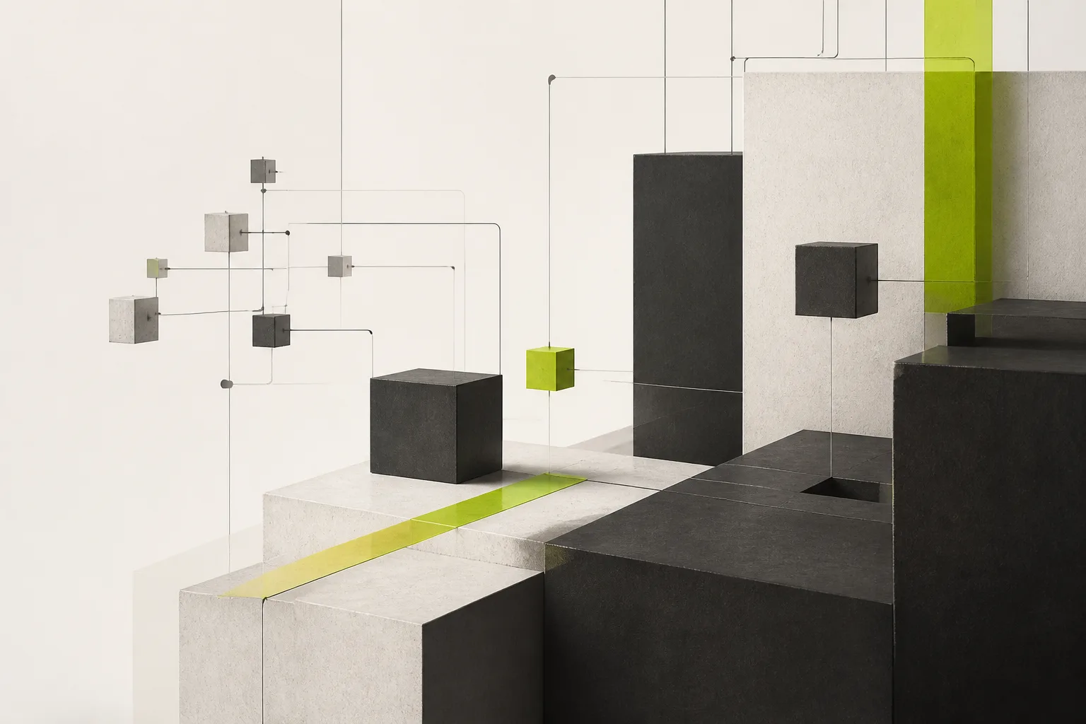 Abstract blocks connected by lines representing data and model components