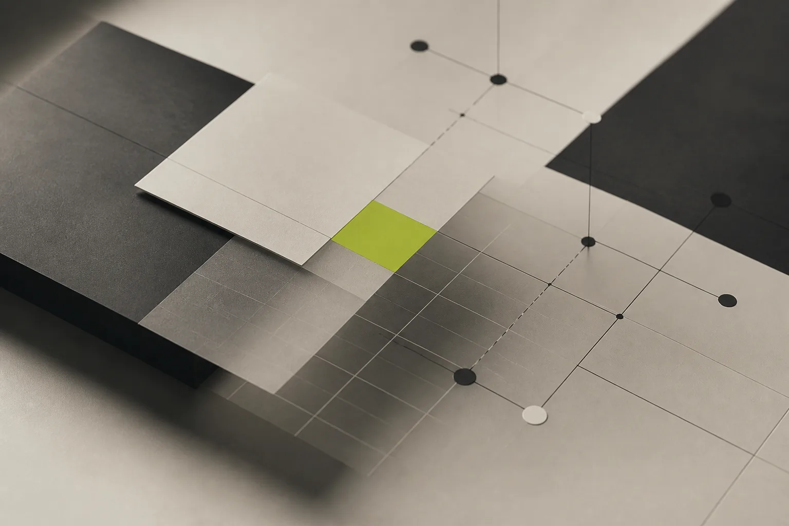 Intersecting abstract grids with a single highlighted connection in acid lime.
