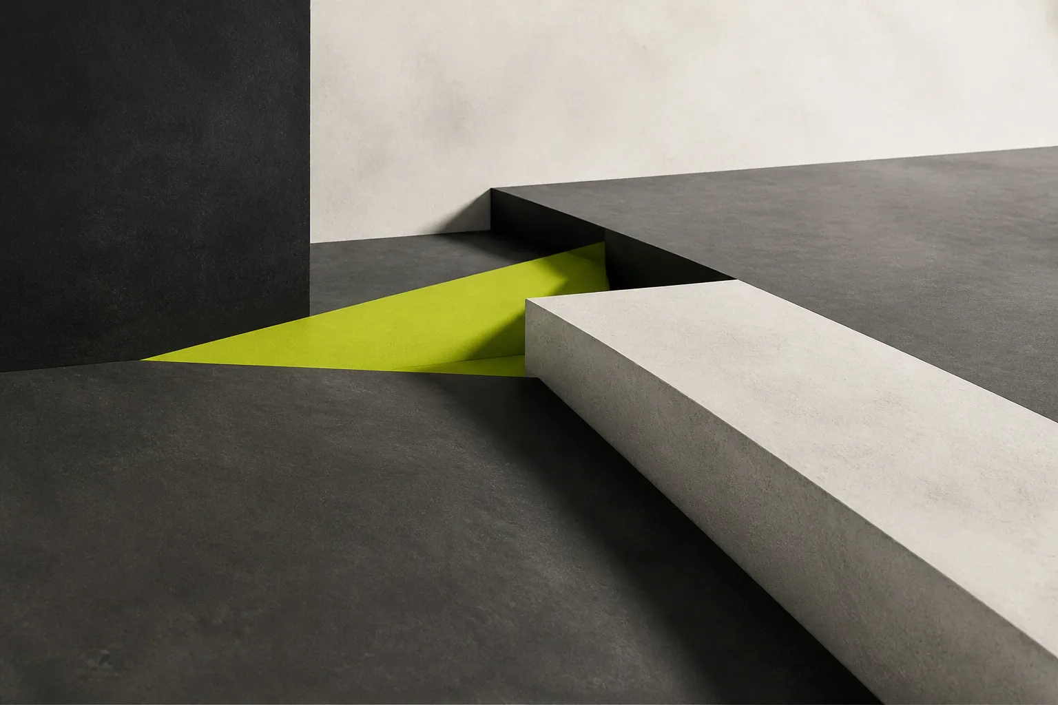 Abstract layered blocks and branching paths in charcoal, off-white, and acid lime.