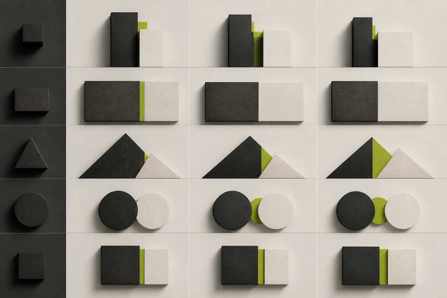 Abstract grid of charcoal and off white shapes with a single acid lime highlight suggesting comparison of options.