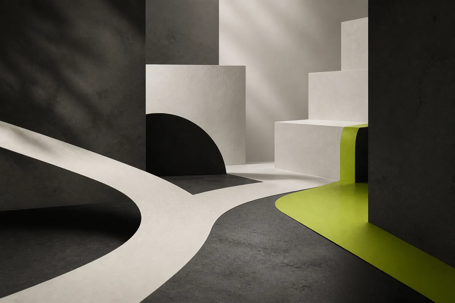 Abstract charcoal and off white composition with an acid lime accent suggesting branching architecture decisions.