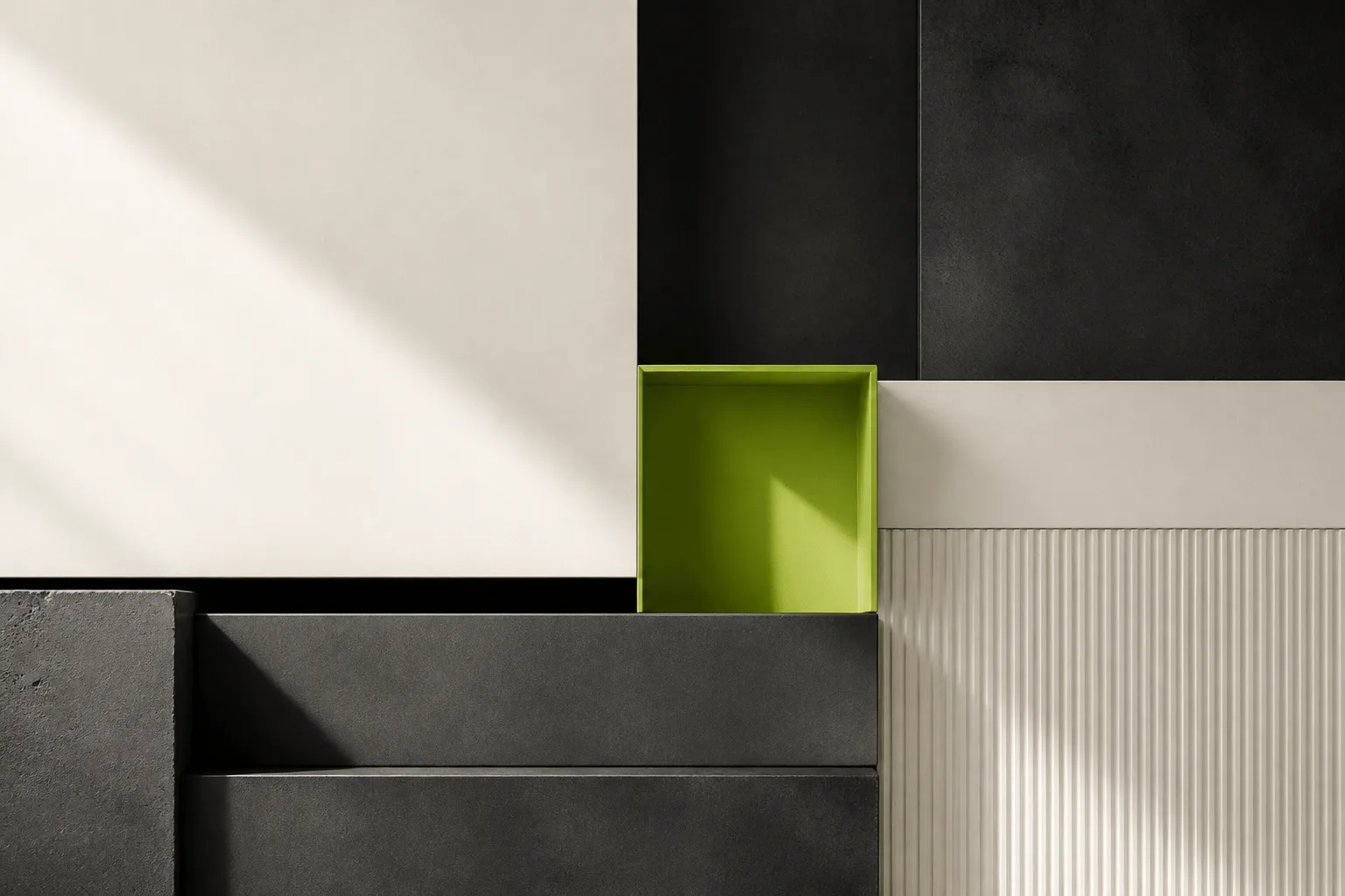 Abstract geometric composition suggesting structured building blocks in a grid.