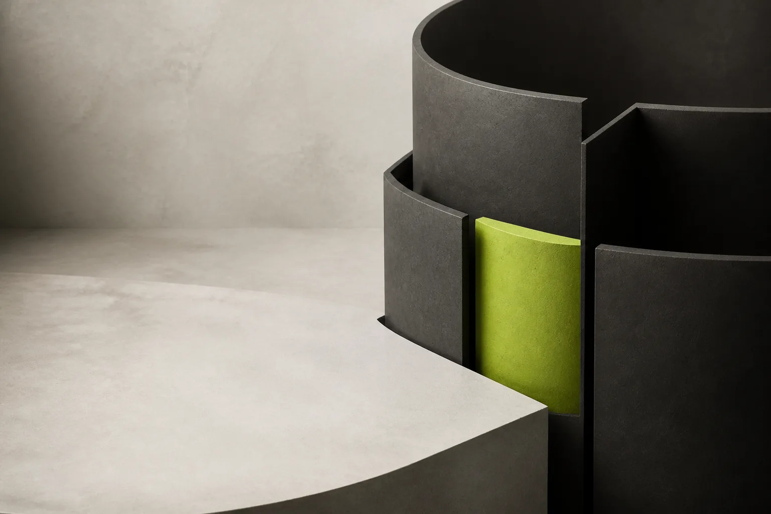 Abstract composition highlighting a single bright segment among muted structural shapes.